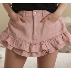 Gap x Love Shack Fancy Skirt Pink Denim Mini Frill Ruffle Stretch Sz 26/2